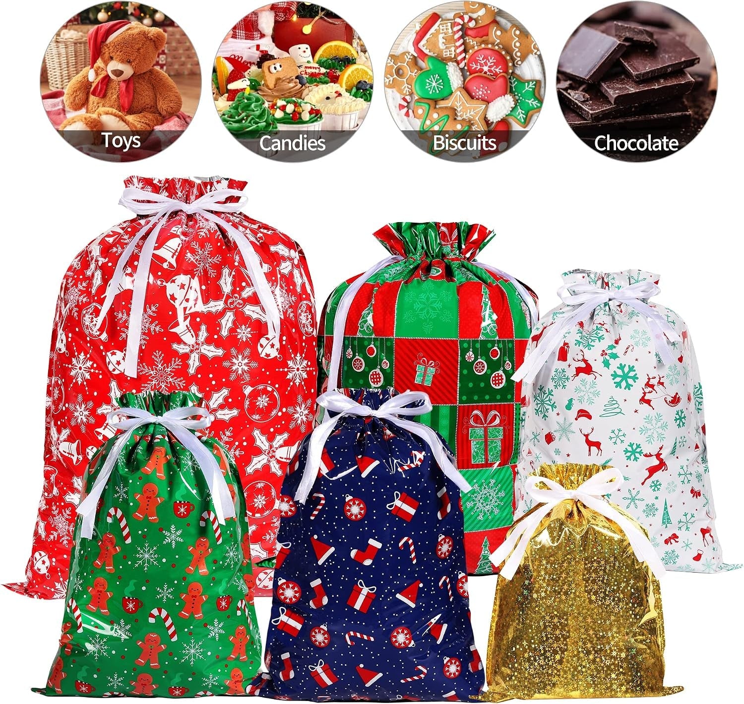 13Pcs Christmas Drawstring Gift Bags, Xmas Wrapping Bags with 6 Patterns Design, 4 Sizes Large Multipack Gift Bags, Reusable Candy Bag with String for Christmas Presents Birthday Party