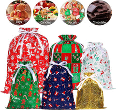 13Pcs Christmas Drawstring Gift Bags, Xmas Wrapping Bags with 6 Patterns Design, 4 Sizes Large Multipack Gift Bags, Reusable Candy Bag with String for Christmas Presents Birthday Party