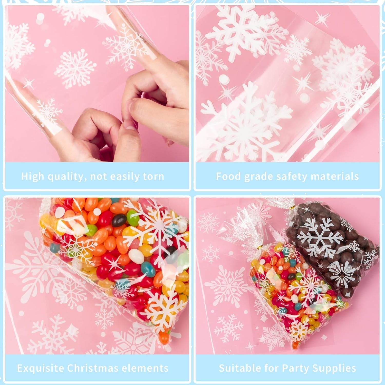 100 Pieces Christmas Snowflake Cellophane Bags, Xmas Snowflake Clear Candy Bags with Metallic Twist Ties for Winter Christmas Party Snowflakes Birthday Supplies