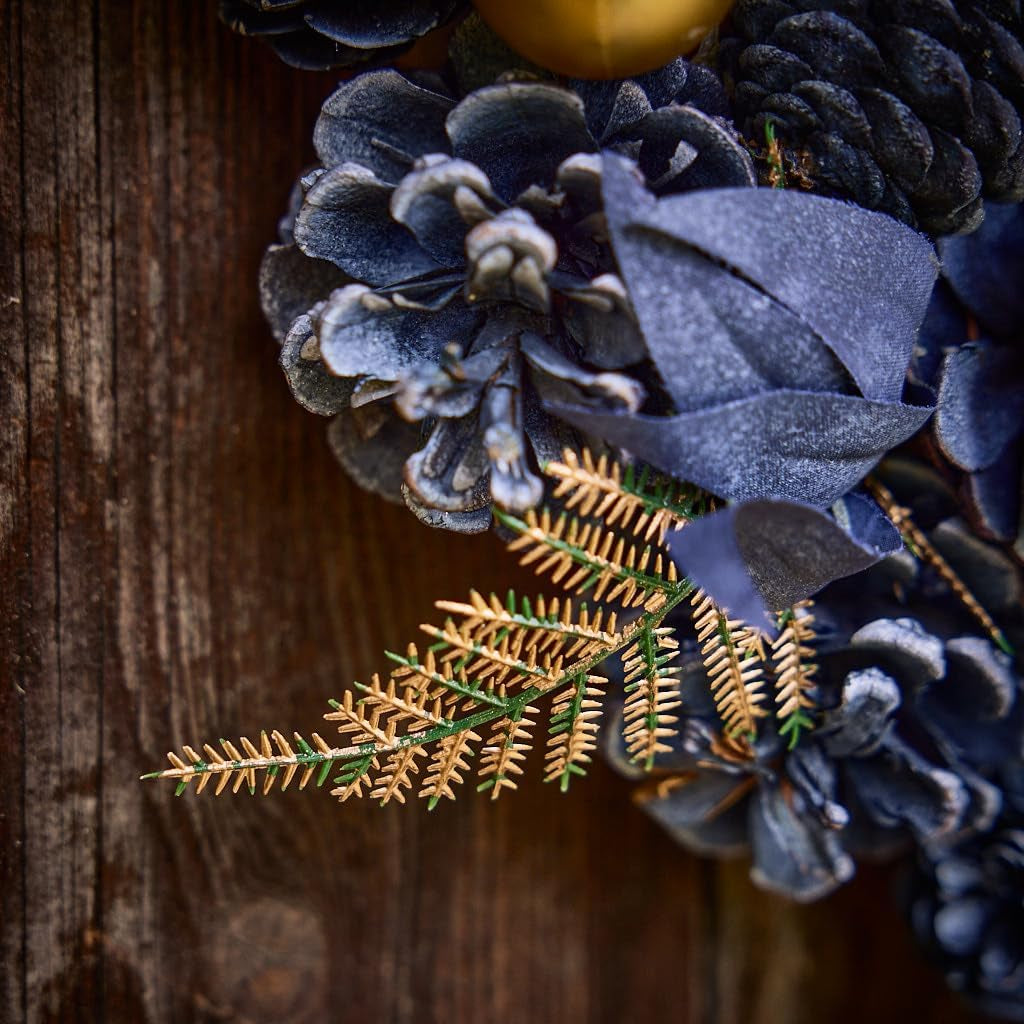 Christmas Wreath Blue Pine Cone Wreath with Gold Leaf & Bauble Decorations