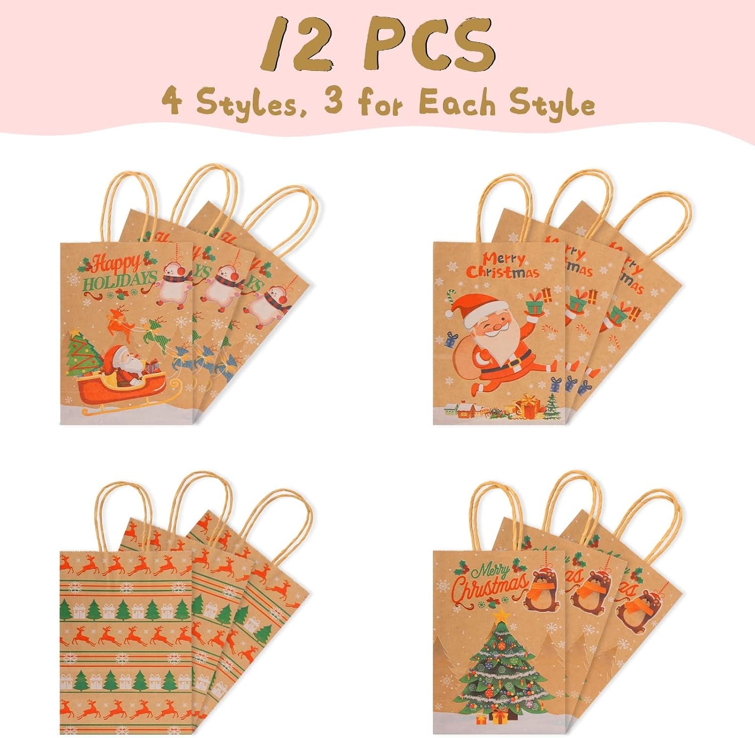 Christmas Kraft Paper Bags,  12 Pieces Xmas SMALL Assorted Paper Goodie Bags Bulk with Handle for Christmas Party Favor Supplies 145X210X80 Mm (Brown)