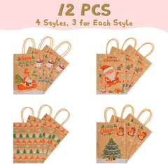 Christmas Kraft Paper Bags,  12 Pieces Xmas SMALL Assorted Paper Goodie Bags Bulk with Handle for Christmas Party Favor Supplies 145X210X80 Mm (Brown)