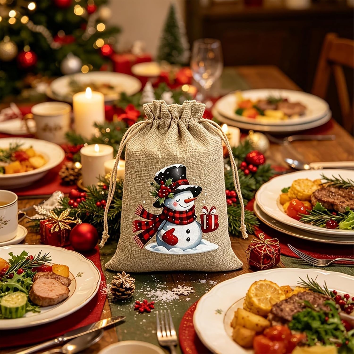 Christmas Drawstring Gift Bags-Santa & Reindeer Polyester Pouches，5Pc
