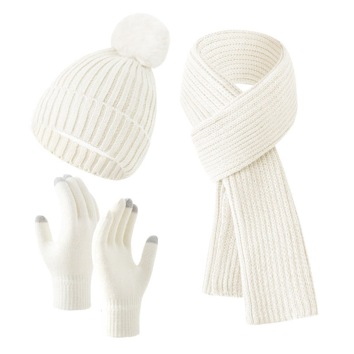 Solid Color Woven Hat Scarf And Gloves Warm Set