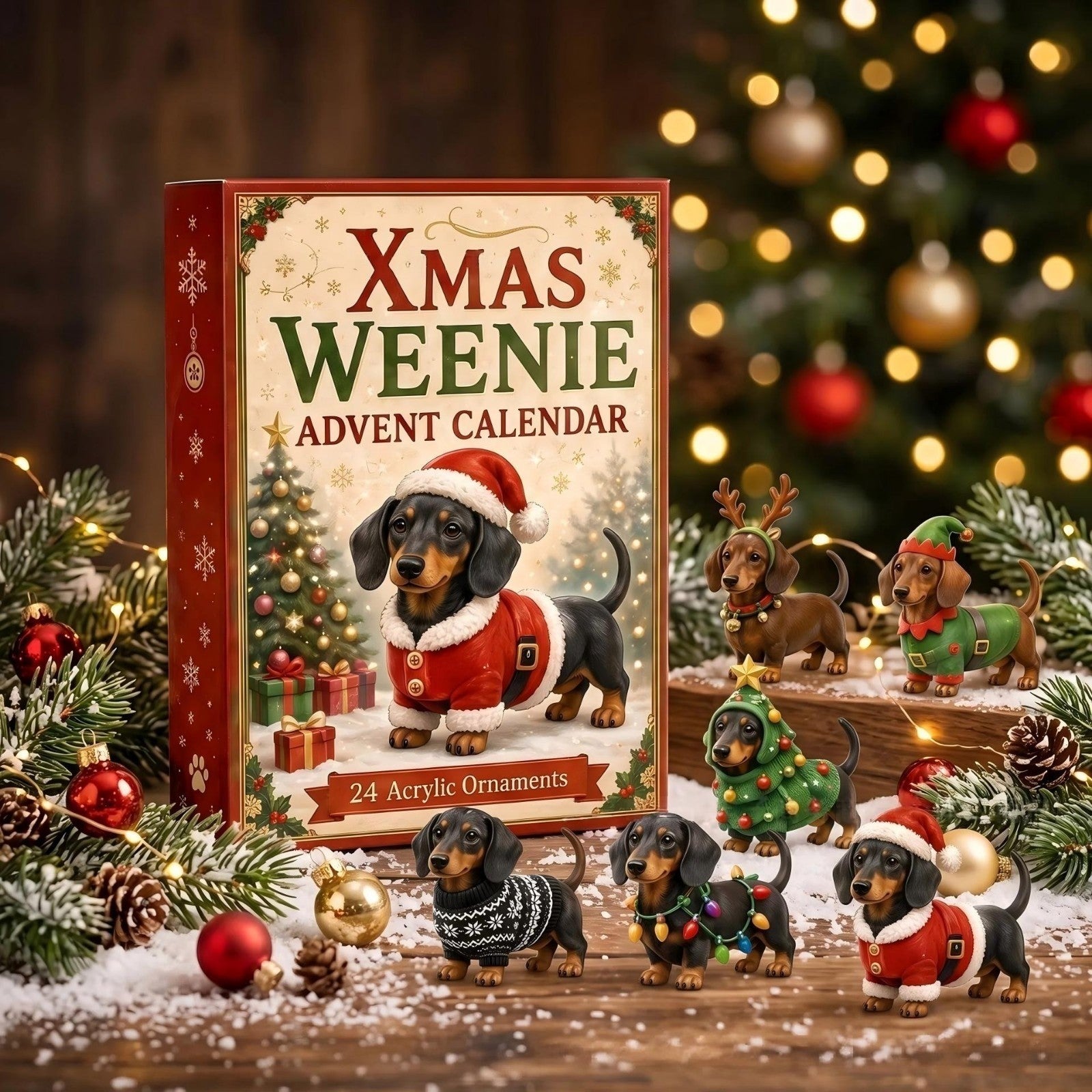 Dachshund Dog Christmas Advent Calendar 24 3D PVC Ornaments Xmas Countdown Gift