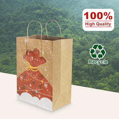 12PCS Kraft Christmas Paper Bags with Handles, 23X18X10Cm Jute Brown, 4 Festive Designs for Holiday Party Favours, Gift Wrapping & Xmas Decor