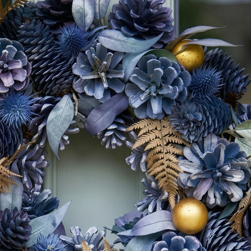 Christmas Wreath Blue Pine Cone Wreath with Gold Leaf & Bauble Decorations