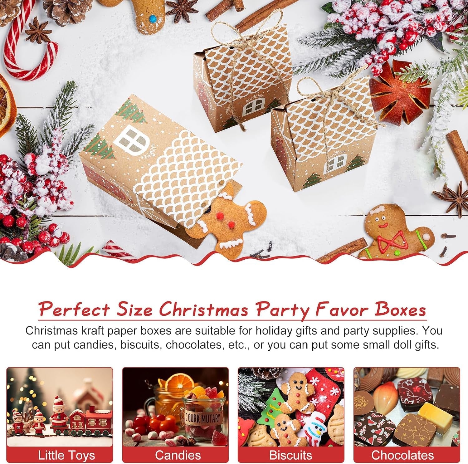 Christmas Party Gift Boxes, Kraft Paper Candy Boxes, Christmas Favour Bags, 50 Pieces