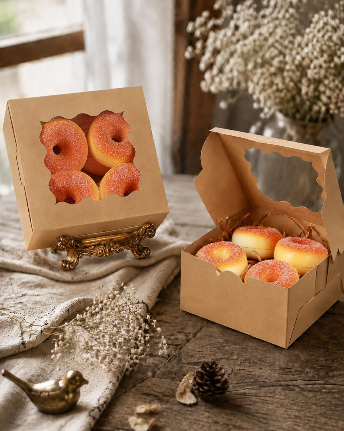 Brown Bakery Box with Window 15Pcs 15.2X15.2X7.6Cm Brown Cookie Boxes Pastry Box for Wedding Favor Birthday ＆ Party(6X6X3Inch)