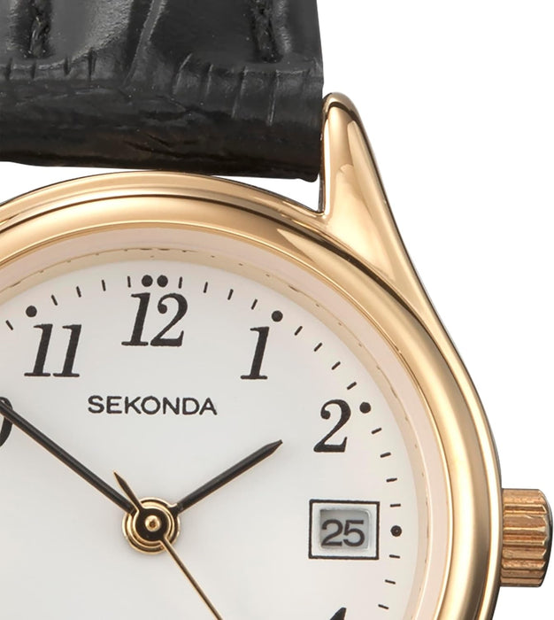 Womens 27Mm Robinson Analogue 3 Hand Classic Quartz Watch Gold Case with White Dial Date Window and Black Leather Strap 30M Water Resistant