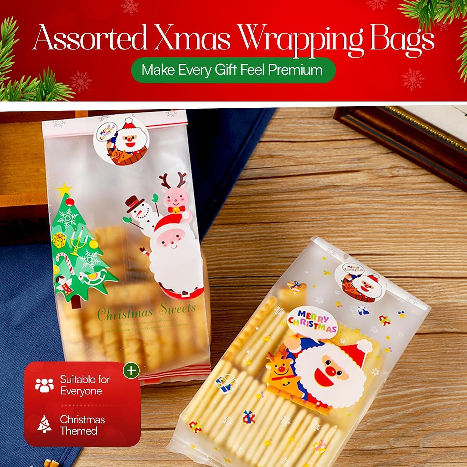 Christmas Gifting Bags 10 Pack – Assorted Xmas Wrapping Bags for Small Gifts, Stocking Fillers, Cookies, Popcorn & Secret Santa Presents – Reusable Christmas Snack Gift Party (Sticker Not Included)