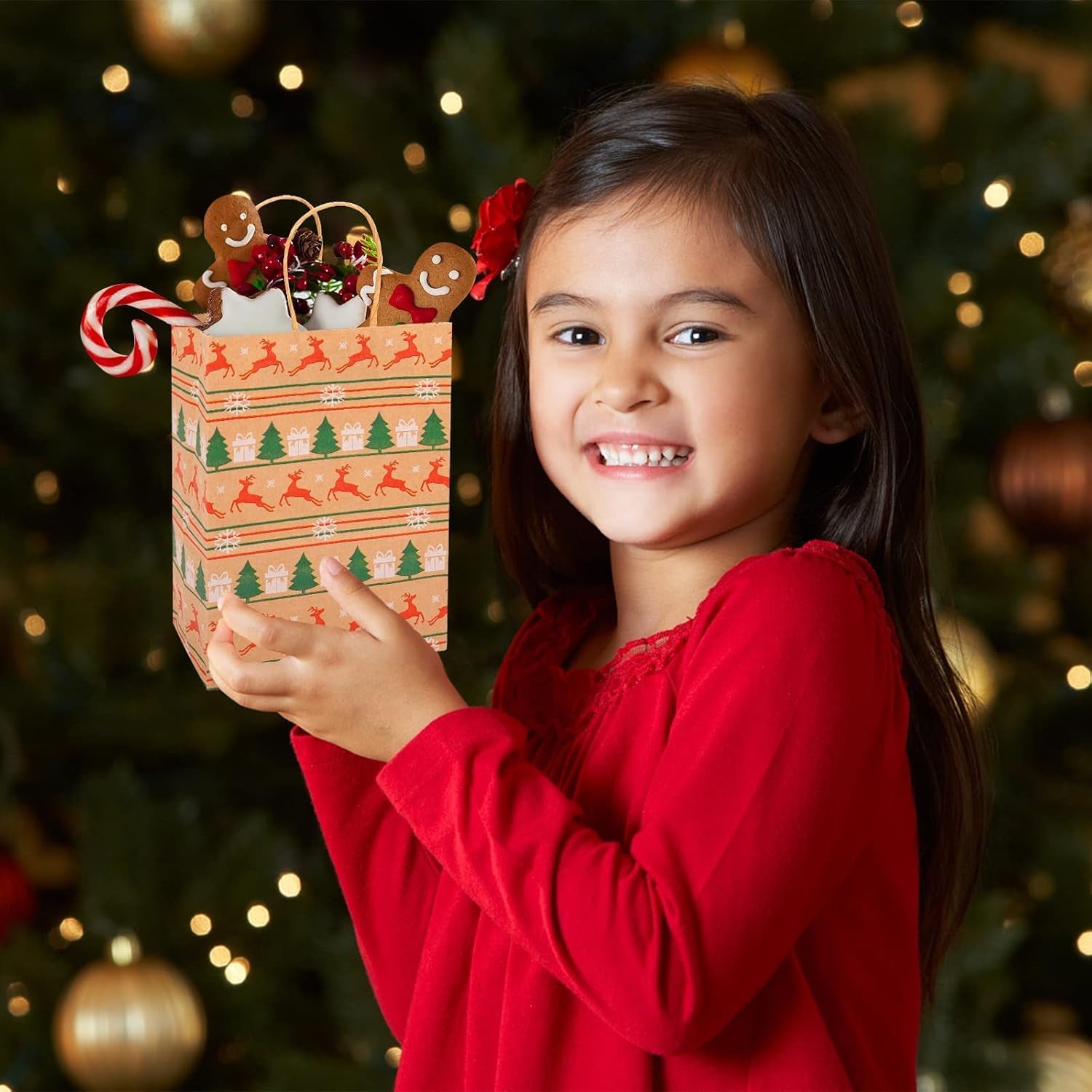 Christmas Kraft Paper Bags,  12 Pieces Xmas SMALL Assorted Paper Goodie Bags Bulk with Handle for Christmas Party Favor Supplies 145X210X80 Mm (Brown)