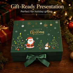 Luxury Magnetic Gift Box with Attached Lid & Ribbon – Foldable Reusable Holiday Packaging with Festive Designs (Green Santa Scene (Santa & Snowman with Christmas Tree), Medium)
