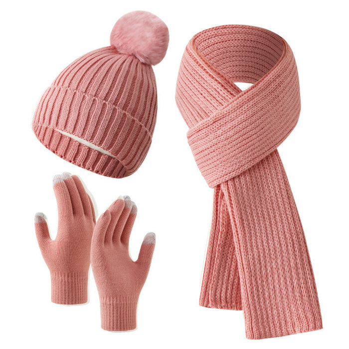 Solid Color Woven Hat Scarf And Gloves Warm Set