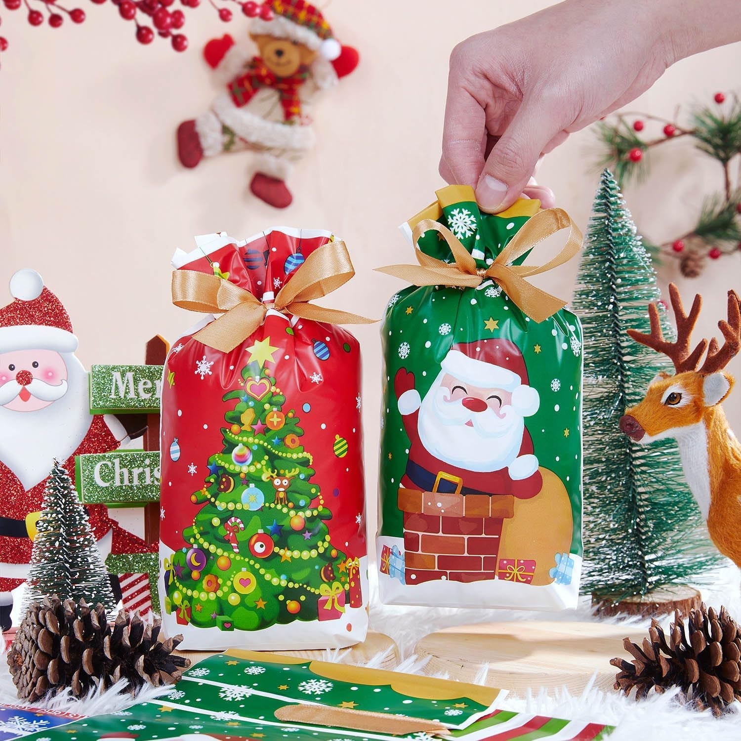 Christmas Drawstring Bags Set - 36 PCS Assorted Xmas Gift Bags in Multipack, Variety of Sizes & Patterns for Christmas Presents & Party