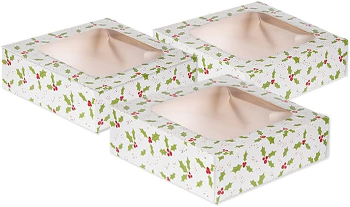 Christmas Cake Boxes with Holly Print - Recyclable Paper Packaging Boxes for Festive Baking, Gifting, Cookies, Brownies & Small Treats - 3-Pack, 3.8 X 11.4 X 11.4Cm