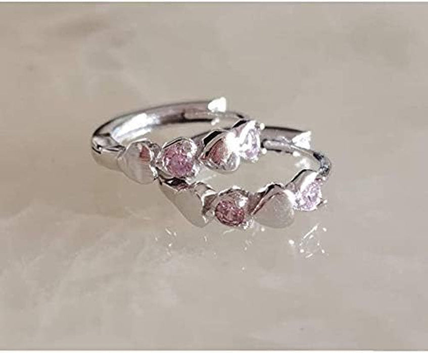 Double Love Heart Cubic Zirconia Sleeper Small Hoop Earrings for Women Teen Girls Sterling Silver Cartilage Tiny Cute Huggie Hoops Hypoallergenic for Sensitive Ear Pink CZ