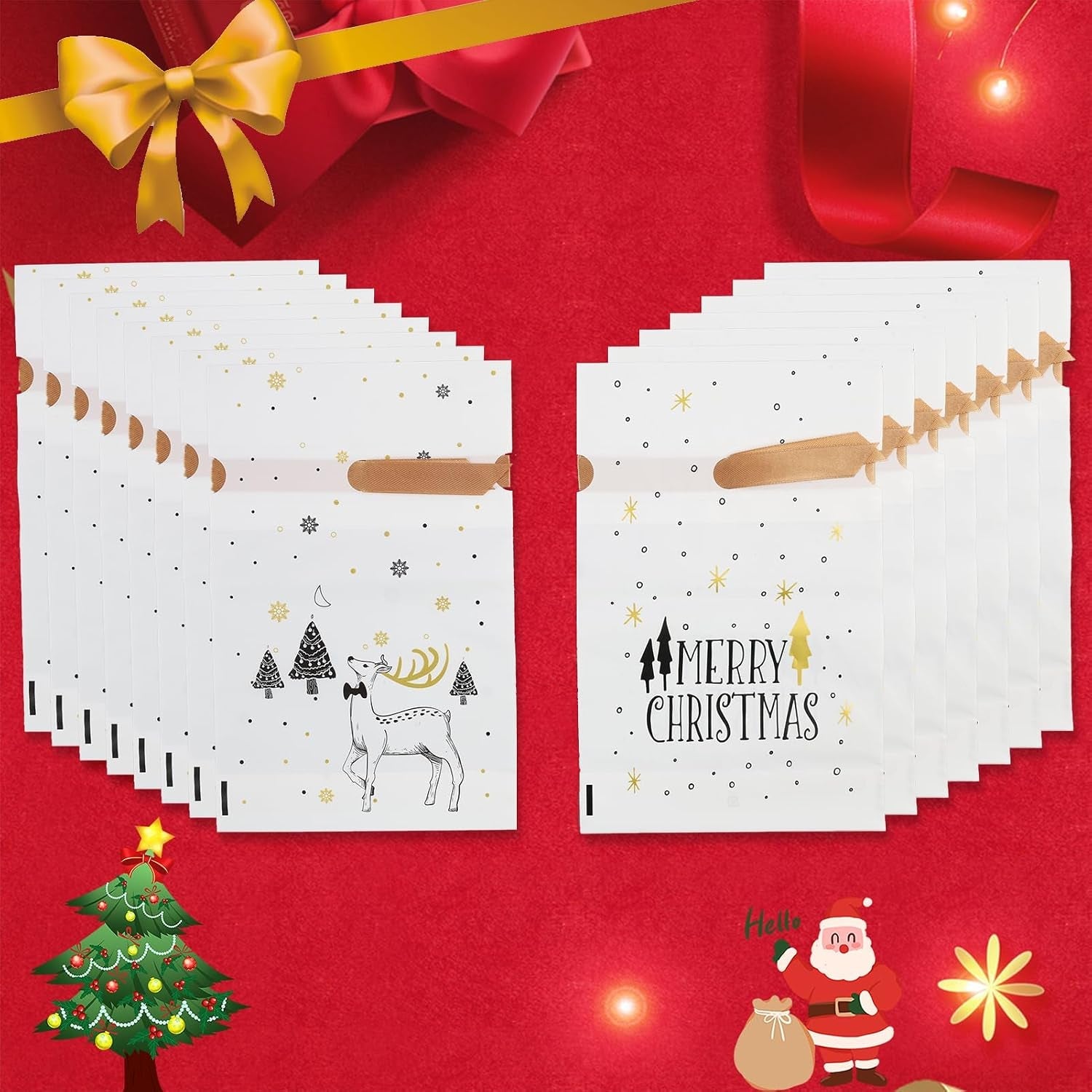 50 PCS Small Christmas Bags with Drawstring, Reusable Xmas Drawstring Gift Packaging Bags for Sweets, Cookies, and Treats, for Christmas, Parties, and Gift Wrapping Biscuits and Chocolates