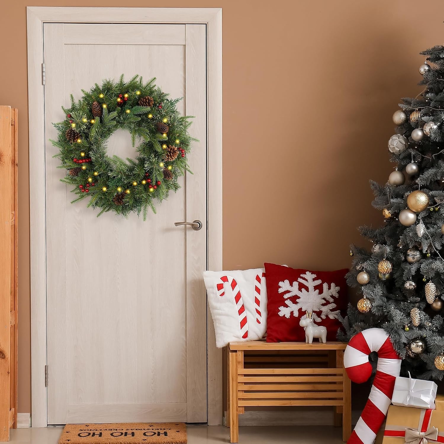 Christmas Wreath Pre-Lit 24 Inch with 50 Light & Pine Cone, Artificial Christmas Wreaths for Front Door with Lights, Wreath for Christmas Decoration Door Windows Wall Green