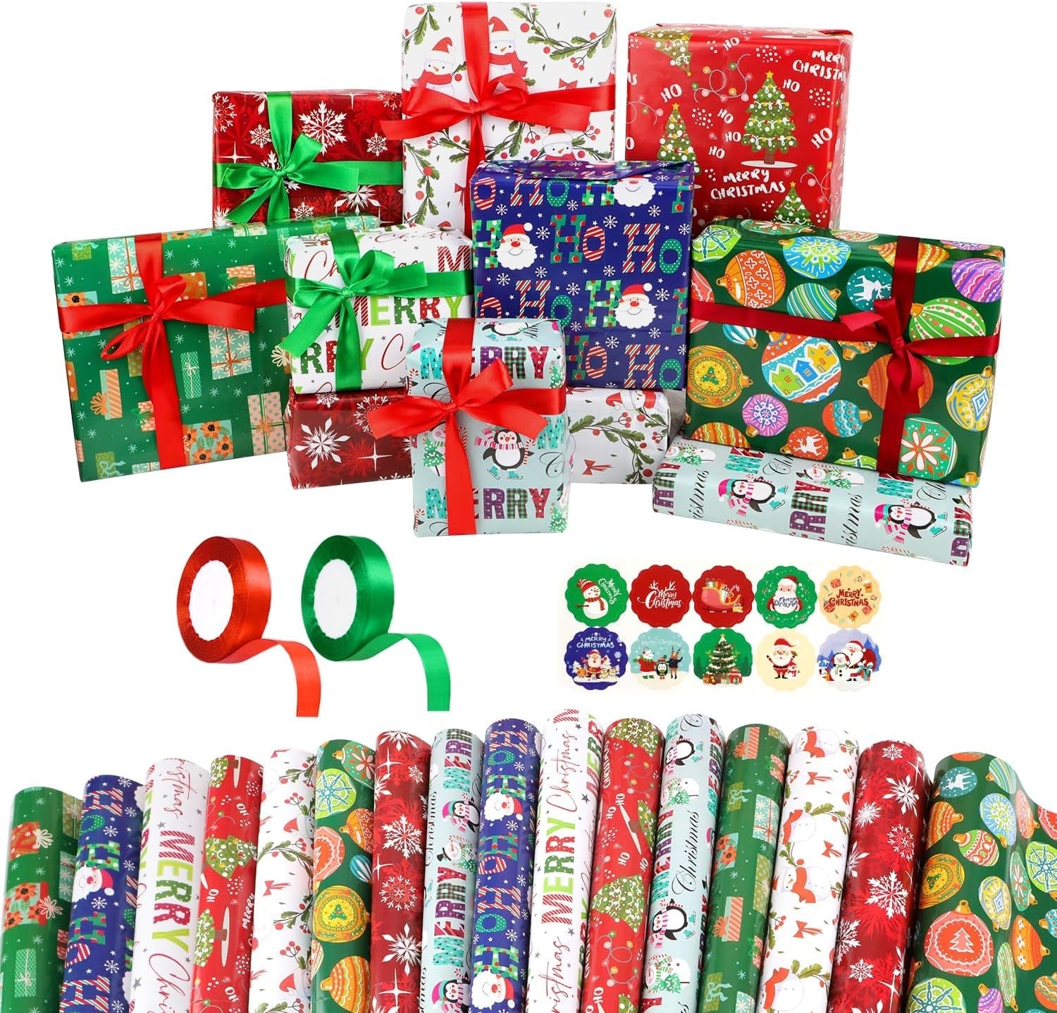 16 Sheets Christmas Gifts Wrapping Papers Set with Ribbon and Stickers, Thick Recyclable Xmas Gift Wrap Paper for Kids Children Adults Present Arts Crafts Decorations, Large Size 50X70 Cm