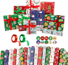 16 Sheets Christmas Gifts Wrapping Papers Set with Ribbon and Stickers, Thick Recyclable Xmas Gift Wrap Paper for Kids Children Adults Present Arts Crafts Decorations, Large Size 50X70 Cm