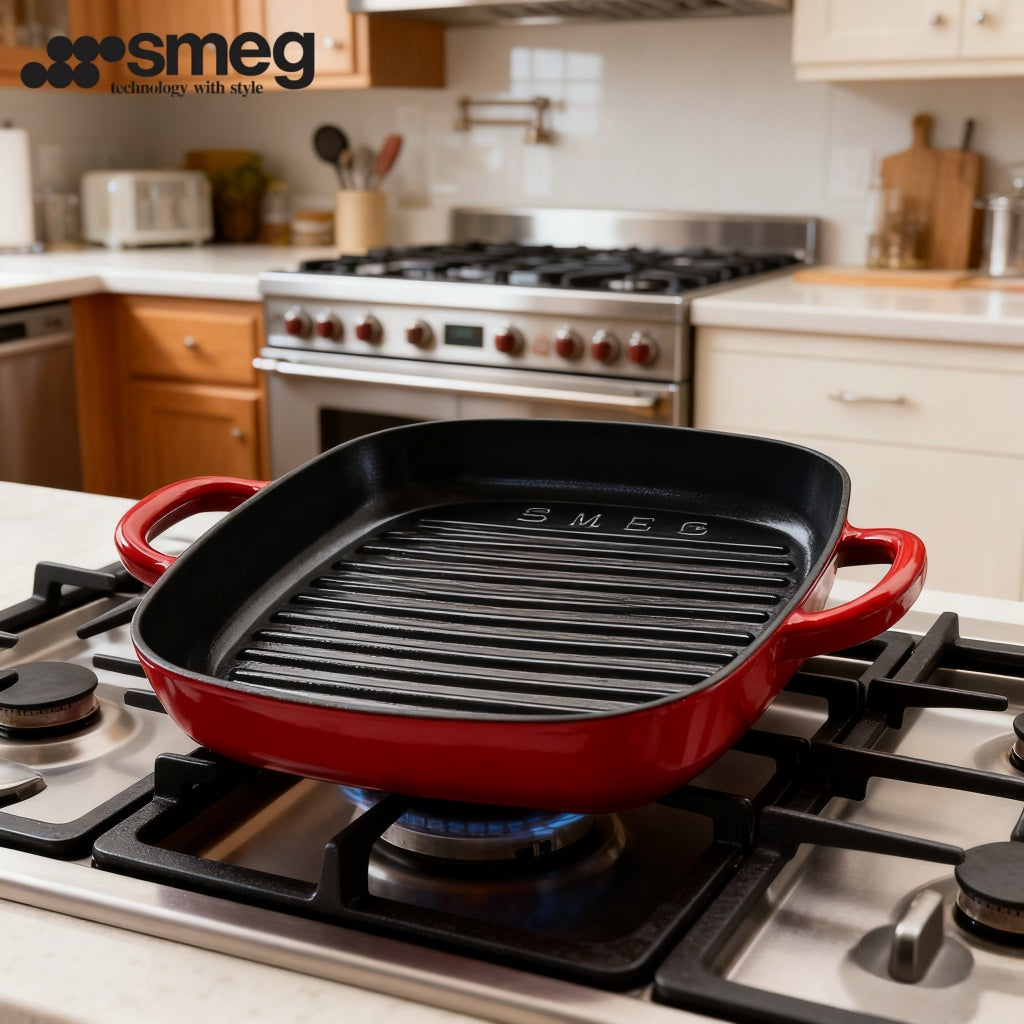 Ecocity Cast Iron Casserole Pot, 24cm Non-Stick Soup Pot - SMEG_Red 26cm