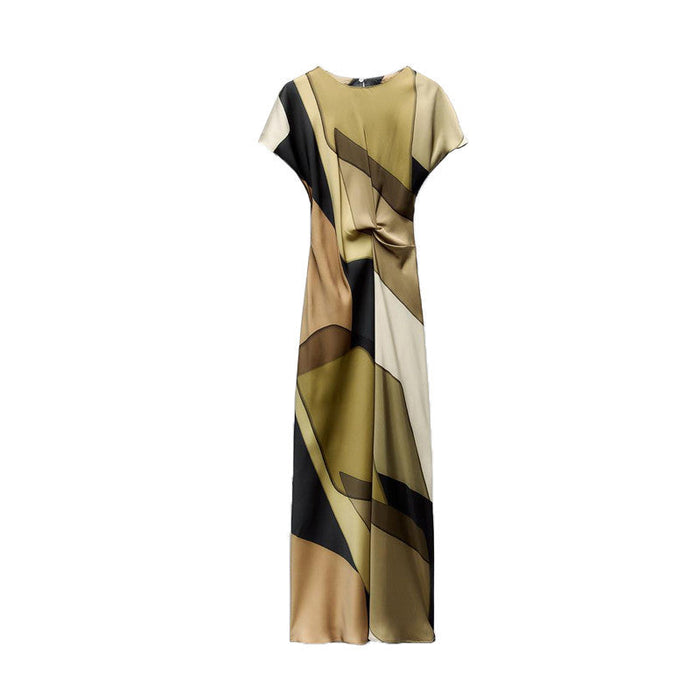 Summer New Style Temperament Slim-fit Short-Sleeved Knotted Silk Satin Texture Printed Fan Flute Dress 2454163