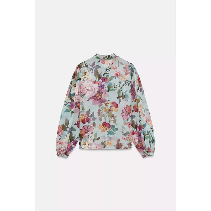 Bow Printed Long Sleeve Stand Collar Shirt