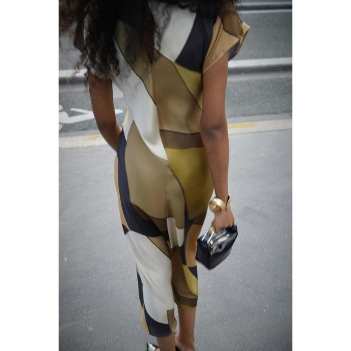 Summer New Style Temperament Slim-fit Short-Sleeved Knotted Silk Satin Texture Printed Fan Flute Dress 2454163