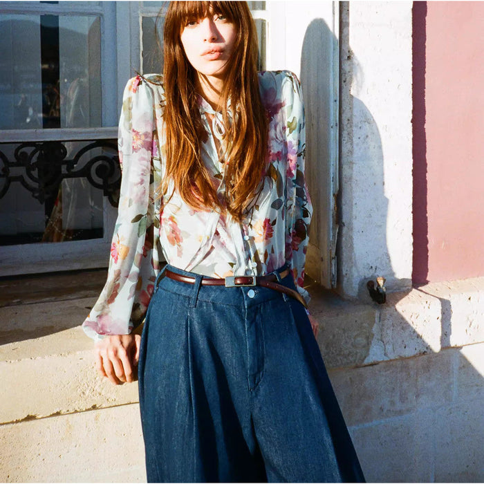 Bow Printed Long Sleeve Stand Collar Shirt