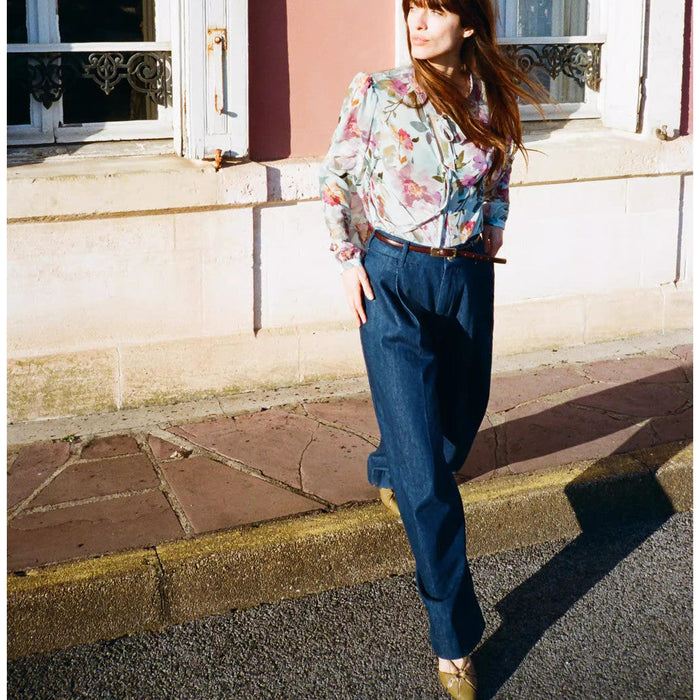 Bow Printed Long Sleeve Stand Collar Shirt