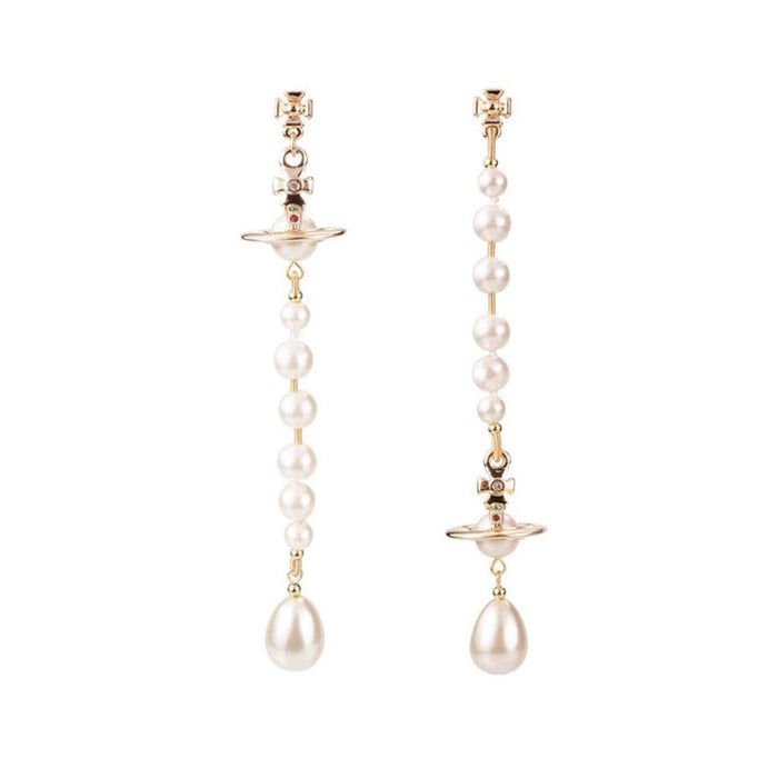 Empress Dowager UFO Lettering Asymmetric Broken Pearl Three-Dimensional Saturn Long Earrings Internet Celebrity Tassel Earrings Women