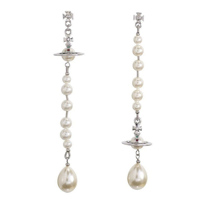 Empress Dowager UFO Lettering Asymmetric Broken Pearl Three-Dimensional Saturn Long Earrings Internet Celebrity Tassel Earrings Women