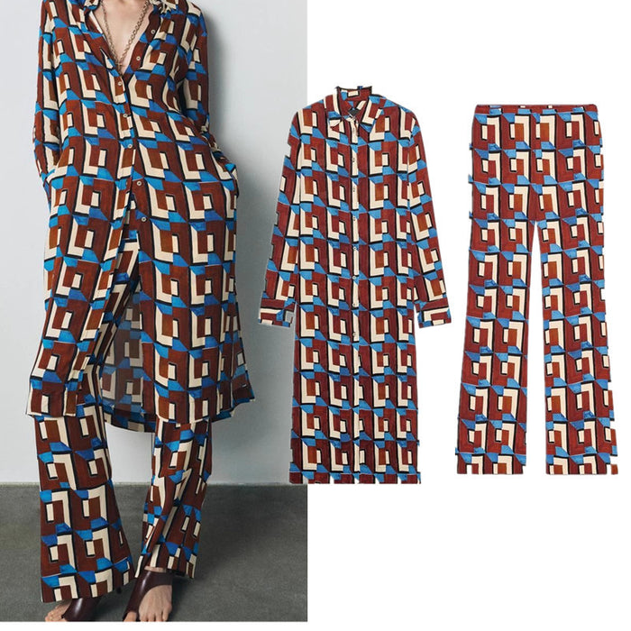 Printed Long Shirt Casual Flared Pants