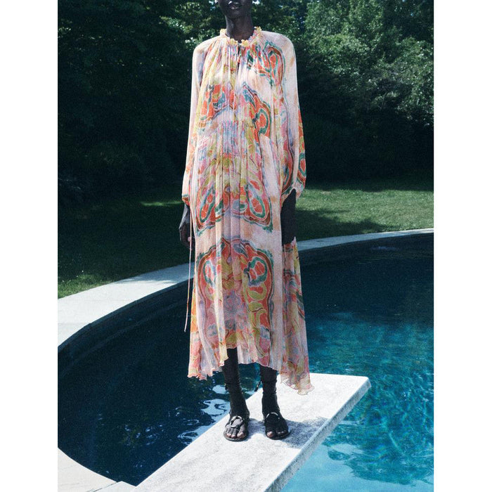 New Product Round Neck Printed Fan Flute Dress