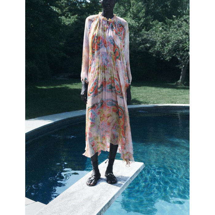 New Product Round Neck Printed Fan Flute Dress