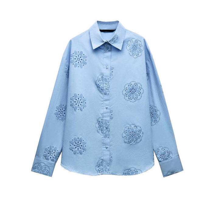 Product Lapel Long-Sleeved Laminated Embroidered Decorative House Silk Shirt