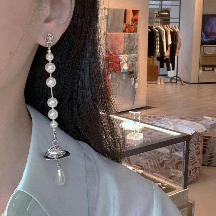 Empress Dowager UFO Lettering Asymmetric Broken Pearl Three-Dimensional Saturn Long Earrings Internet Celebrity Tassel Earrings Women