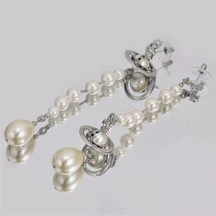 Empress Dowager UFO Lettering Asymmetric Broken Pearl Three-Dimensional Saturn Long Earrings Internet Celebrity Tassel Earrings Women