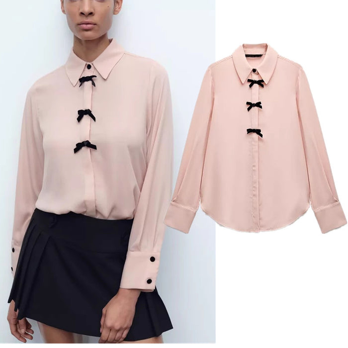 Velvet Bow Long Sleeve Shirt