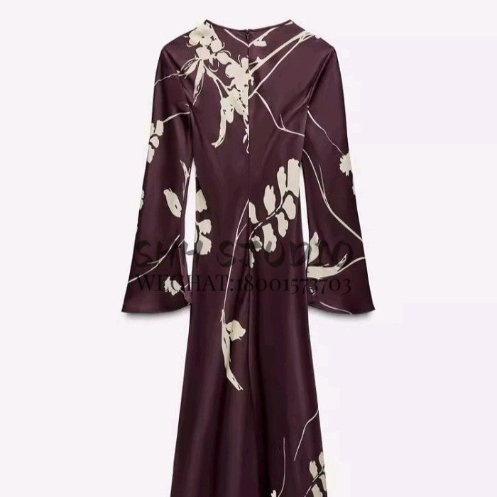 Silk Satin Print Long Sleeve Long Dress