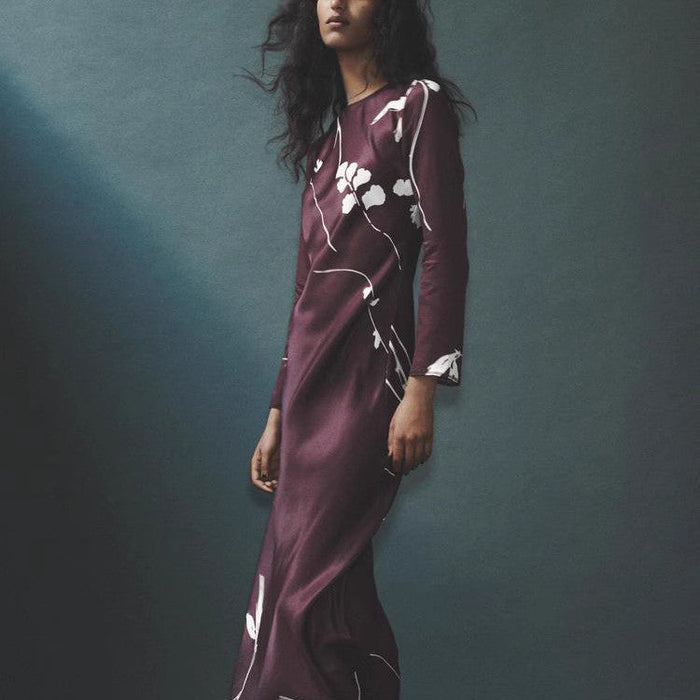 Silk Satin Print Long Sleeve Long Dress