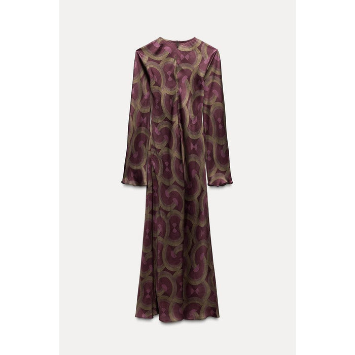 2025 Printed Round Neck Long Sleeve Silk Satin Dress 8706660