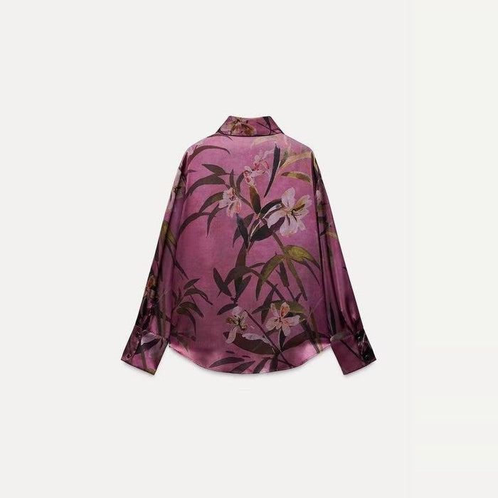 New Style Satin Printed Lapel Long Sleeve Shirt