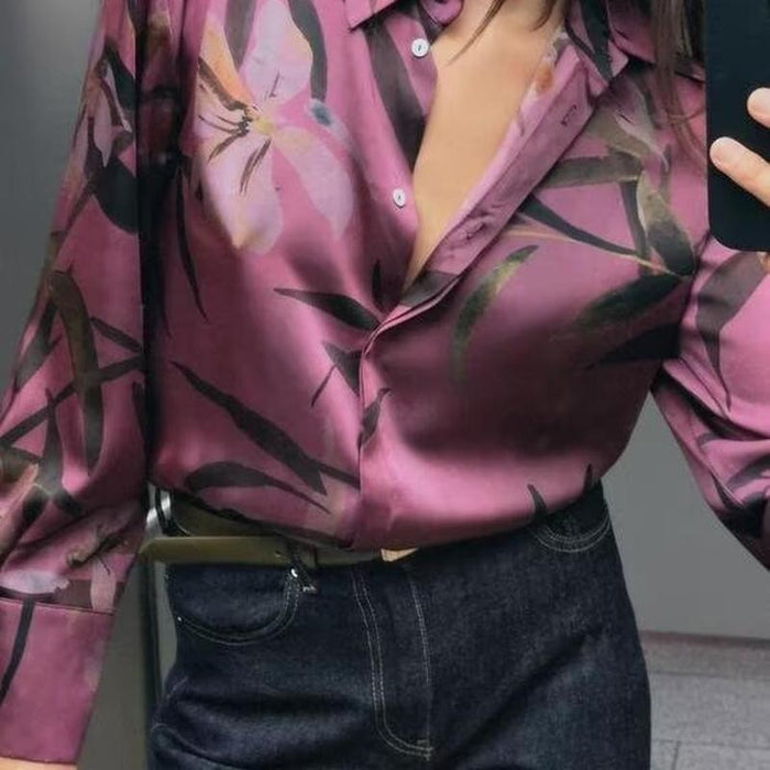 New Style Satin Printed Lapel Long Sleeve Shirt