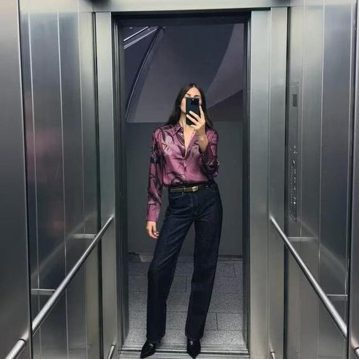 New Style Satin Printed Lapel Long Sleeve Shirt