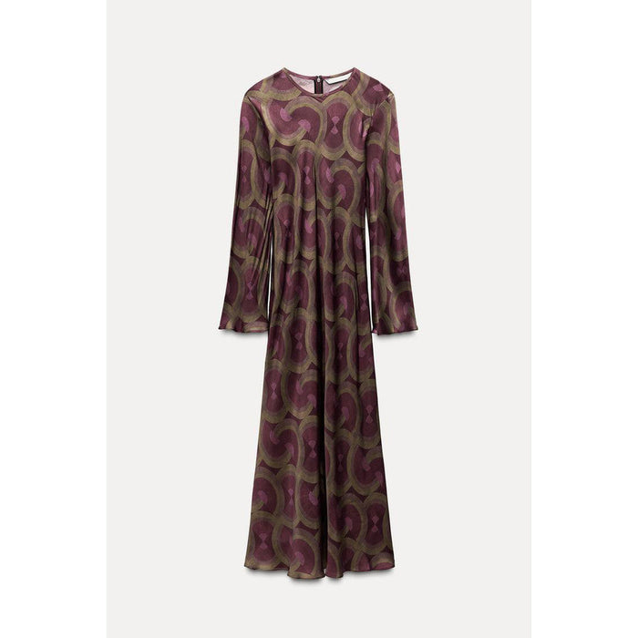 2025 Printed Round Neck Long Sleeve Silk Satin Dress 8706660